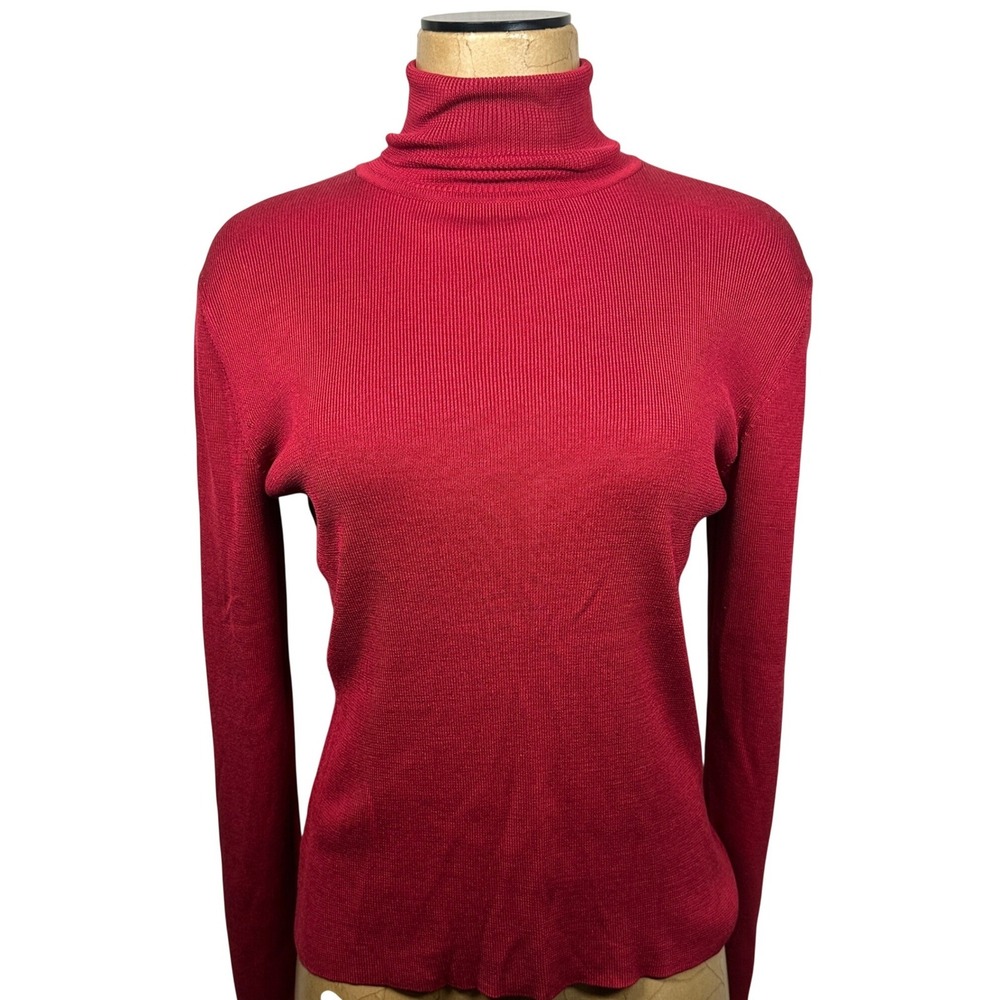 100% Silk Ann Taylor Womens Red Ribbed Turtleneck Sweater Size M Long Sleeve